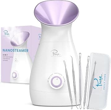Pure Daily Care NanoSteamer Large 3-in-1 Nano Ionic Facial Steamer with Precise Temp Control - Humidifier - Unclogs Pores - Blackheads - Spa Quality - Bonus 5 Piece Stainless Steel Skin Kit (Lilac) - Best Deal Finder