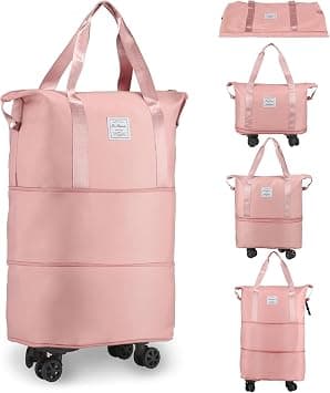 Rolling Duffle Bag, Expandable Foldable Carry On, Large Weekend Bag with Spinner Wheels, 28-58L (Pink) on Amazon.ae - Price Tracker