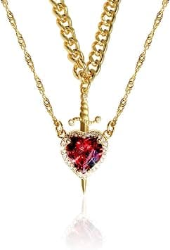 Gold Stainless Steel Couples Necklace Set, Pink Heart Zirconia Pendant & Sword Through Heart Design, Romantic Matching Jewelry Gift for Couples, Anniversary, Valentine’s Day - Best Deal Finder