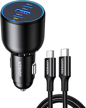 UGREEN 130W Type C Car Fast Charger for iPhone 17, 3-Port Macbook USB Car Power Adapter With 100W USB C Cable, Automobile Charger for Samsung S25 Series, iPhone, Steam Deck, Macbook, Laptops, Tablets | PD QC 3.0 Cigarette Lighter Charger Quick Charge Compatible with iPhone 17 16 15 MacBook M5 M4 M3 M2 M1 iPad Galaxy S26 على Amazon.ae - متتبع الأسعار