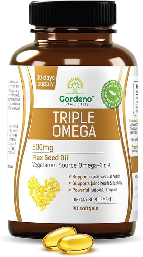 Gardeno Triple Omega 3-6-9 Capsules 500mg | Organic Flaxseed Oil Supplement | Supports Heart Brain & Joint Health | Non-GMO, Halal & Vegan| 90 Softgels. on Amazon - Best Deal Finder