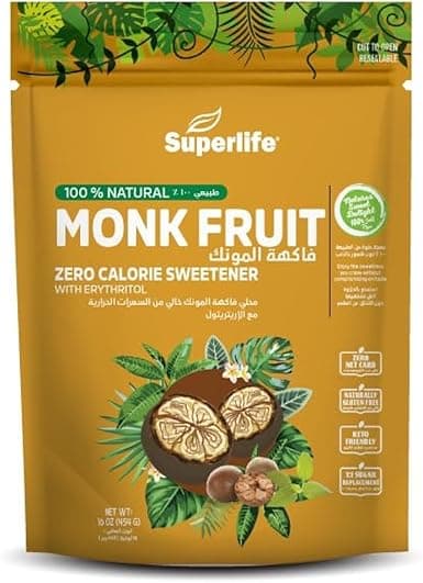 Superlife Monk Fruit Zero Calorie Sweetener With Erythritol Sweetener | 100% Natural Low Glycemic sugar substitute | 454 Grams on Amazon.ae - Price Tracker