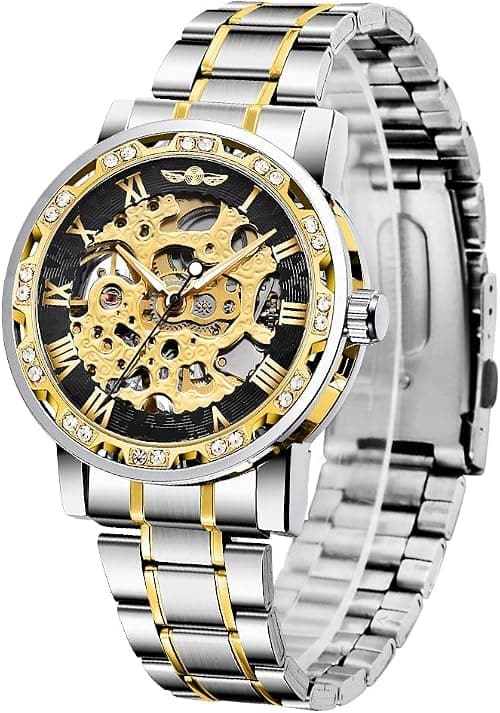 ELECDON Automatic Mechanical Watches for Men, Luxury Mechanical Stainless Steel Waterproof Black Automatic Self-Winding Roman Numerals Diamond Dial Wrist Watch, Classic Business Fashion Watch على Amazon.ae - متتبع الأسعار