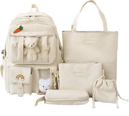Kawaii Backpack 5Pcs Set for Student with Cute Bear Accessories - School Bags for Teen Girls Back to School Supplies Essentials Aesthetic Bookbag, beige على Amazon.ae - متتبع الأسعار