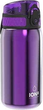 ION8 Lightweight Steel Kids Water Bottle, 400ml/13oz, Non-Insulated, Leak Proof, Easy to Open, Secure Lock, Dishwasher Safe, Fits Cup Holders, Carry Handle, Metal Water Bottle, Purple - Best Deal Finder
