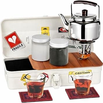 Portable Camping Tea Set with Metal Storage Box, Kettle, Mini Gas Stove & Cups – Outdoor Tea & Coffee Kit for Camping & Desert Trips | عزبة شاي للتخييم مع صندوق معدني وإبريق وموقد غاز - Amazon.ae Price Tracker