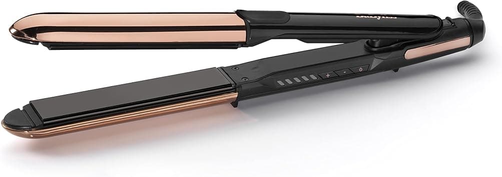 BaByliss ST482E Straight & Curl Brilliance 2-in-1 Straightener with ION Technology and True-Titanium Smoothing Plates, Anti-fluff, 5 Temperature Settings [150-235°C], Stainless Steel Housing (Curls on Amazon.ae - Price Tracker