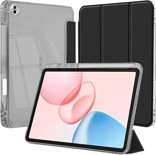 Folio Case for Honor Pad 10 12.1 Inch 2025 Tablet with Pen Holder, Clear Transparent Back Slim Stand Shockproof Tablet Cover, Auto Wake/Sleep, Black on Amazon.ae - Price Tracker