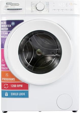 Super General 7.5kg Front Load Washing Machine, 1200 RPM, Inverter Motor, Quick Wash, Steam Wash, One-Touch Wash, Child Lock, LED Display, SGW7560INV, Energy Efficient, 10-Year Motor Warranty on Amazon.ae - Price Tracker