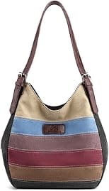 Women Canvas Shoulder Bag Multi-Colour Striped Handbag Large Capacity Top Handle Bag Casual Hobo Bag with Adjustable Strap Multi-Pocket Tote Bag for Office Shopping Party Travel Work - Best Deal Finder