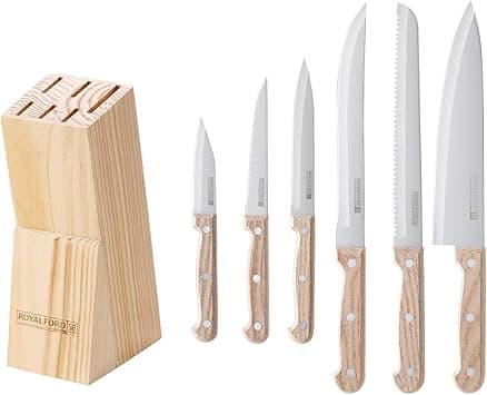 Royalford 7pcs Kitchen knife Set with Pine Wooden Block RF12264 Ultra Sharp Chef Knife Set for Kitchen, Chopping, Slicing, Mincing And Dicing, Wooden Handles Stainless Steel Knife on Amazon.ae - Price Tracker