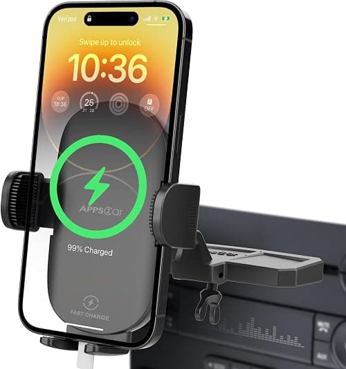 APPS2Car Sturdy CD Slot Phone Mount Upgraded Wireless Charger with One Hand Operation Design, Hands-Free Car Phone Holder Compatible with iPhone 17 Pro Max Plus 16 15 14 13 12 11, Samsung S25 S24 on Amazon.ae - Price Tracker