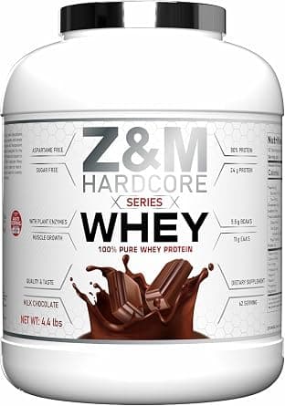 Z&M Hardcore Series 100% Pure Whey Protein Powder, Milk Chocolate, 4.4 lb (2 kg), 24g Protein, 5.5g BCAAs, 11g EAAs, Plant Enzymes, 62 Servings, High Protein Supplement على Amazon.ae - متتبع الأسعار