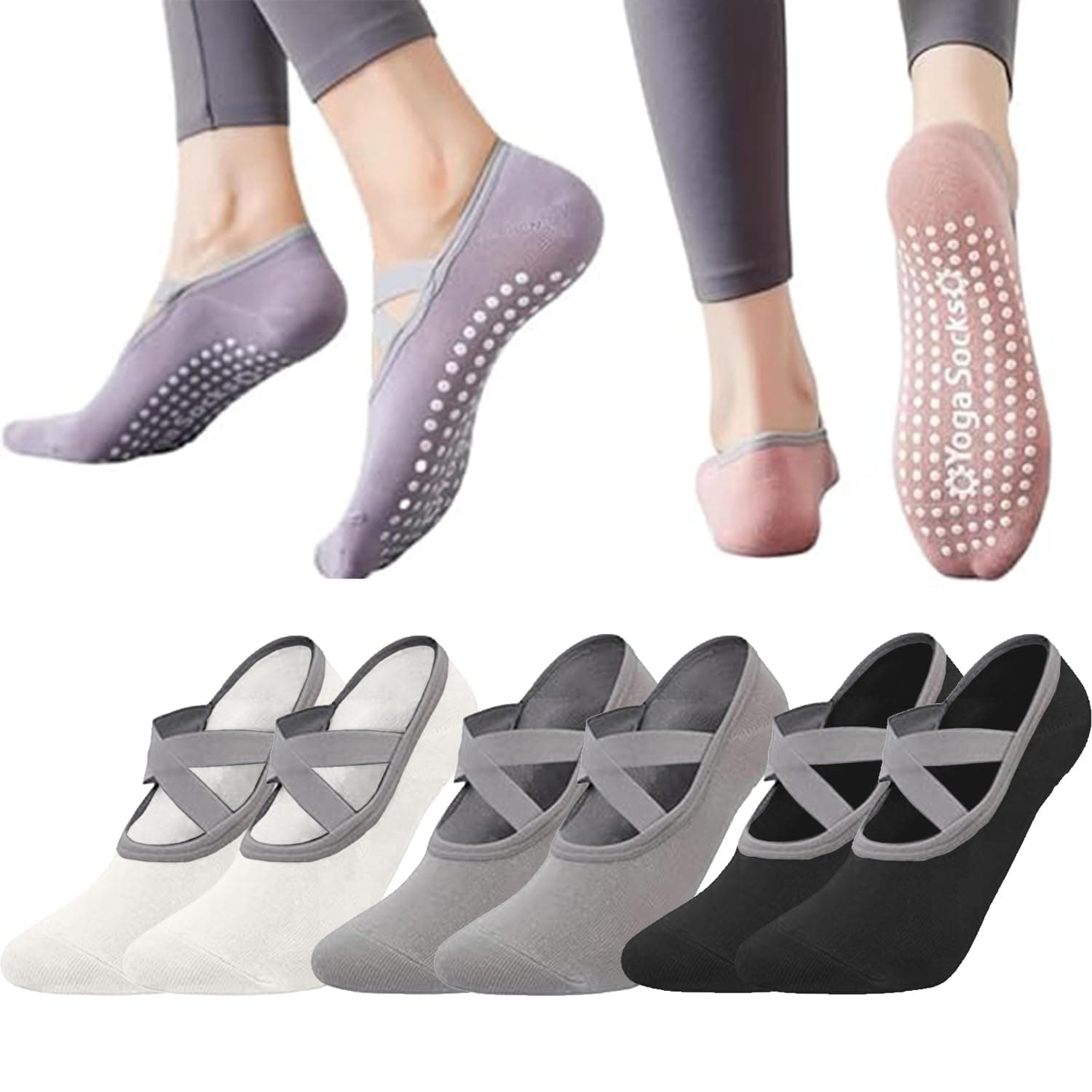 LCHYI® 5 Pairs Non-Slip Pilates Socks for Women with Grips - Yoga Barre Socks with Arch Straps, Anti-Skid Workout Sock for Ballet, Gym, Hospital - Black/Gray/Purple/Pink/White (US 5-10) on Amazon.ae - Price Tracker