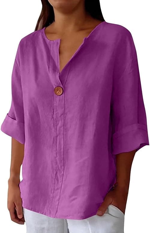 Ladies Cotton Linen Floral Print Button V Neck Short Sleeve Tops Women UK Summer Plus Size Casual Loose Fit Blouse Streetwear on Amazon.ae - Price Tracker