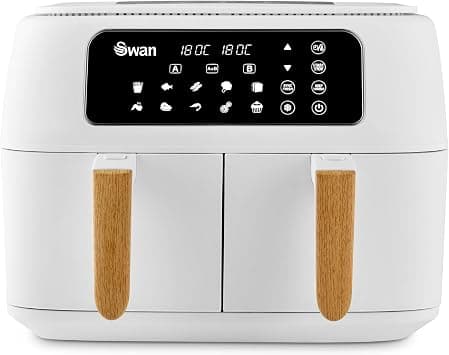 سوان مقلاة هوائية SD10410WHT نورديك ديو 13 في 1، سلة مزدوجة، طلاء غير لاصق، تقنية سوان Cyclone، 13 وظيفة مضبوطة مسبقا، ماتش كوك، 8 لتر، 1600 واط - 1800 واط، ابيض - دليلك لأفضل العروض
