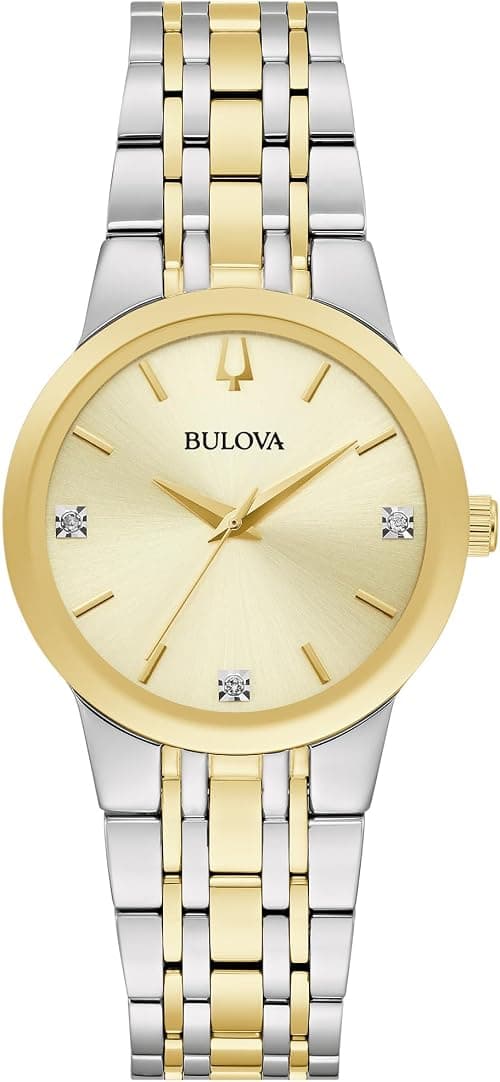 Bulova Ladies' Modern Two-Tone Stainless Steel 3-Hand Quartz Watch, Diamond Accent Gold Dial Style: 98P224, Two Tone, Modern Quartz Two-Tone Stainless Steel Bracelet Diamond on Amazon.ae - Price Tracker