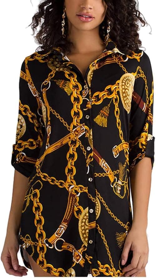 OLUOLIN Womens Floral Print Button Down Lapel Collar Retro Long Sleeve T Shirt Dress Blouse Mini Dress on Amazon.ae - Price Tracker