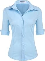 HOTOUCH Womens Blouse Cotton Shirt 3/4 Sleeve Formal Work Ladies Office Shirt Basic Fitted Shirts Button Placket Tops Short Sleeve V-Neck Top XS-XXL - Best Deal Finder
