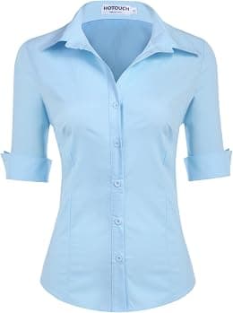 HOTOUCH Womens Blouse Cotton Shirt 3/4 Sleeve Formal Work Ladies Office Shirt Basic Fitted Shirts Button Placket Tops Short Sleeve V-Neck Top XS-XXL - Best Deal Finder