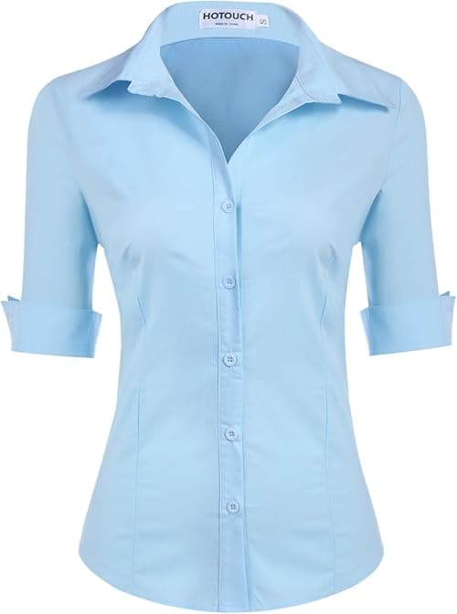 HOTOUCH Womens Blouse Cotton Shirt 3/4 Sleeve Formal Work Ladies Office Shirt Basic Fitted Shirts Button Placket Tops Short Sleeve V-Neck Top XS-XXL on Amazon.ae - Price Tracker