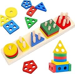 SKY-TOUCH Wooden Sorting & Stacking Toys, Shape Color Recognition Geometric Blocks Matching Puzzle with Lacing String, Educational Preschool Learning Board Game Gift for Babies - mutli color - Amazon.ae Price Tracker
