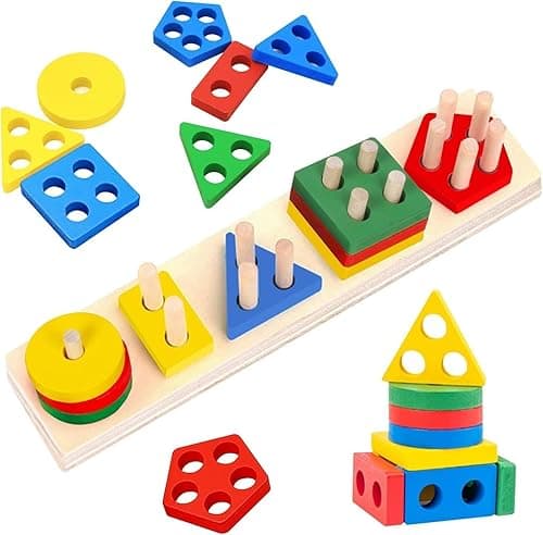 SKY-TOUCH Wooden Sorting & Stacking Toys, Shape Color Recognition Geometric Blocks Matching Puzzle with Lacing String, Educational Preschool Learning Board Game Gift for Babies - mutli color on Amazon.ae - Price Tracker