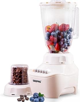 Geepas Gsb5409 250W 2 In 1 Multifunctional Blender Stainless Steel Blades, Over Heat Protection Ice Crusher, Chopper, Coffee Grinder & Smoothie Maker, Beige, 2 In 1-250W على Amazon.ae - متتبع الأسعار