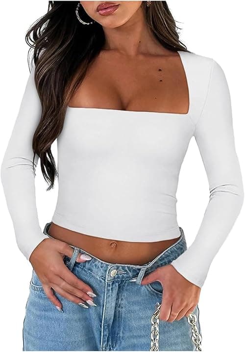 Tops Women's Slim Fit Long Sleeve Crop Top - Square Neck Solid Color T-Shirt - Fashionable Dressy Blouse for Summer & Fall 2024 on Amazon.ae - Price Tracker