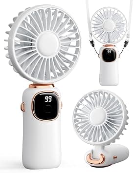 coldSky Desk Fan, Portable Handheld Fan, 4000mAh Battery Operated With LED Display, 3 in 1 Personal Small Handheld/Neck/Desk Fan, 90° Foldable With Base, 5 Speed (White) على Amazon.ae - متتبع الأسعار