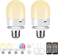 USB Rechargeable Light Bulb, 2-Pack with Remote Control, E26 Cordless Battery Powered RGB Color Changing Bulb, 12 Colors & 3 Timers, Magnetic Night Light, 800LM Dimmable for Lamps/Outdoor/Camping - Amazon.ae Price Tracker
