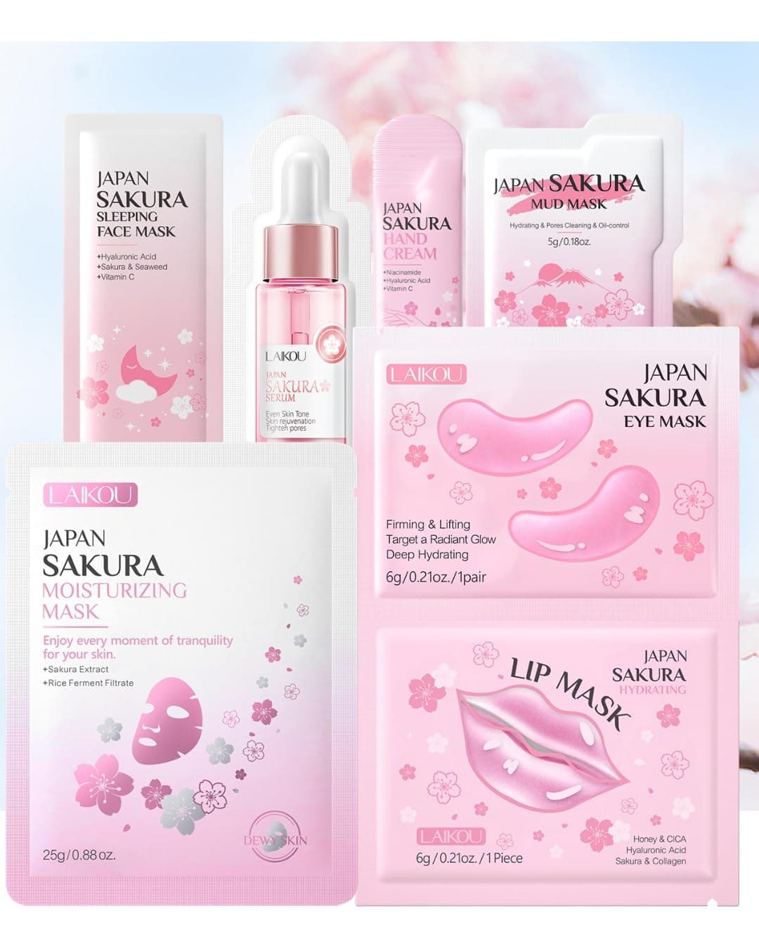 Laikou 8Pcs Nourishing Japan Sakura Skincare Set – Moisturizing Sheet, Mud Mask, Lip Serum, Sleeping Eye Masque, Hand Cream & Pink Washbag Complete Facial Body Care Kit. on Amazon.ae - Price Tracker