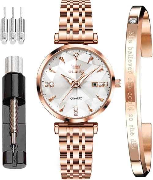 OLEVS Ladies Watches Quartz Rose Gold Crystal Stainless Steel Fashion Women Wrist Watch Waterproof على Amazon.ae - متتبع الأسعار