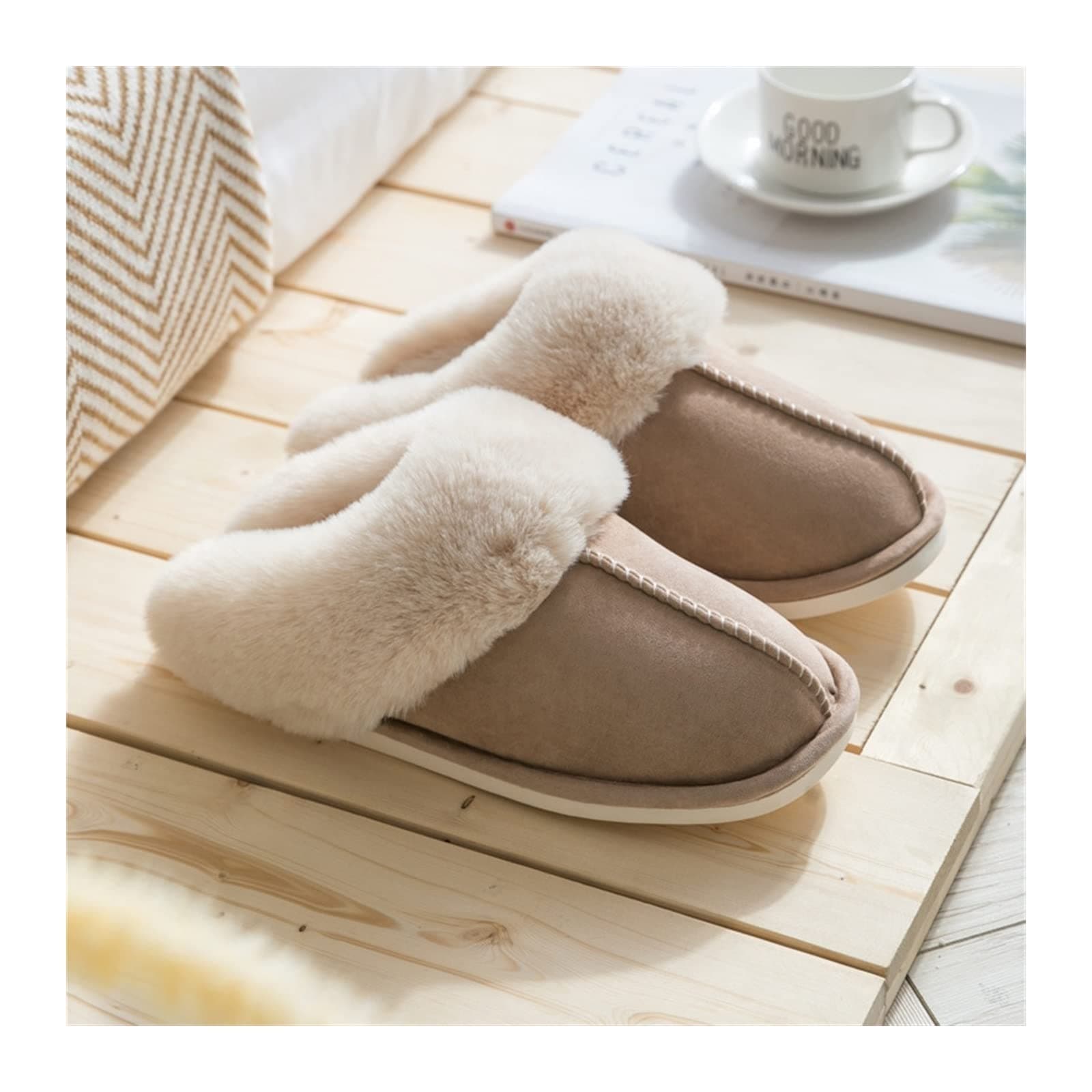 KIZQYN Unisex Adult Winter Home Slippers, Narrow Fit, Khaki, Size 40/41 EU, Memory Foam, Plush, Flat Heel, Solid, Slip-On, Comfort, Indoor, Anti-Skid, Couple Slippers on Amazon.ae - Price Tracker