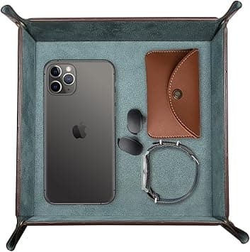 LEART Leather Valet Tray Organizer for Men and Women - Home and Office, Desk and Bedside Catchall holder for Wallets, Jewelry, Watches, Keys, Coins, Mobile, Cosmetics, TV Remote (Jade Green) على Amazon.ae - متتبع الأسعار