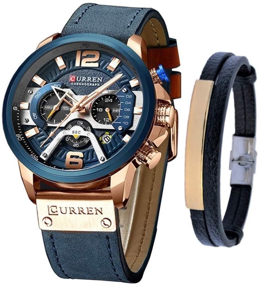 CURREN Watches Men Quartz Leather Chronograph Watch and Fashion Bracelet Set Analog Watches for Men Luxury Wristwatch Gifts for Dad Boyfriend, Blue, Quartz Watch,Chronograph on Amazon.ae - Price Tracker