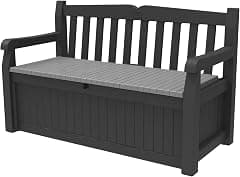 Keter Solana 70 Gallon Storage Bench Deck Box for Patio Furniture, Front Porch Decor and Outdoor Seating – Perfect to Store Garden Tools and Pool Floats, Graphite - متتبع أسعار Amazon.sa