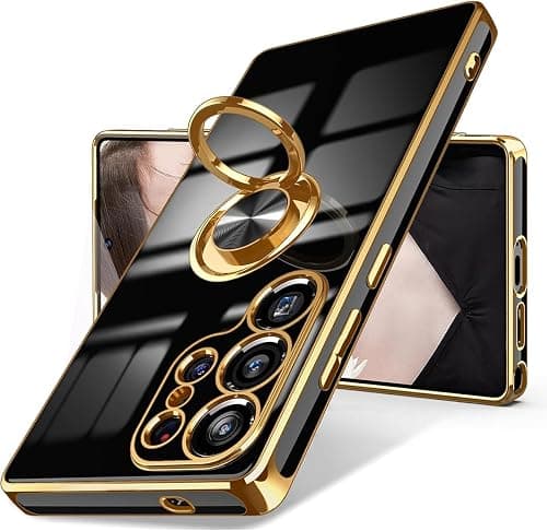 for Galaxy S25 Ultra Case [360°Rotatable Ring Holder] Support Magnetic Car Mount Shiny Plating Gold Slim Thin Soft TPU Anti-scratch Phone Cover for Women Girls (Black, S25 Ultra) on Amazon.ae - Price Tracker