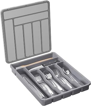 Lifewit Cutlery Tray with Lid, Cutlery Storage for Kitchen Drawer and Countertop, Plastic Cutlery Tray for Spoons, Forks, Knives, Insert, 7 Compartments, 36.6 x 29 cm, Black on Amazon.ae - Price Tracker