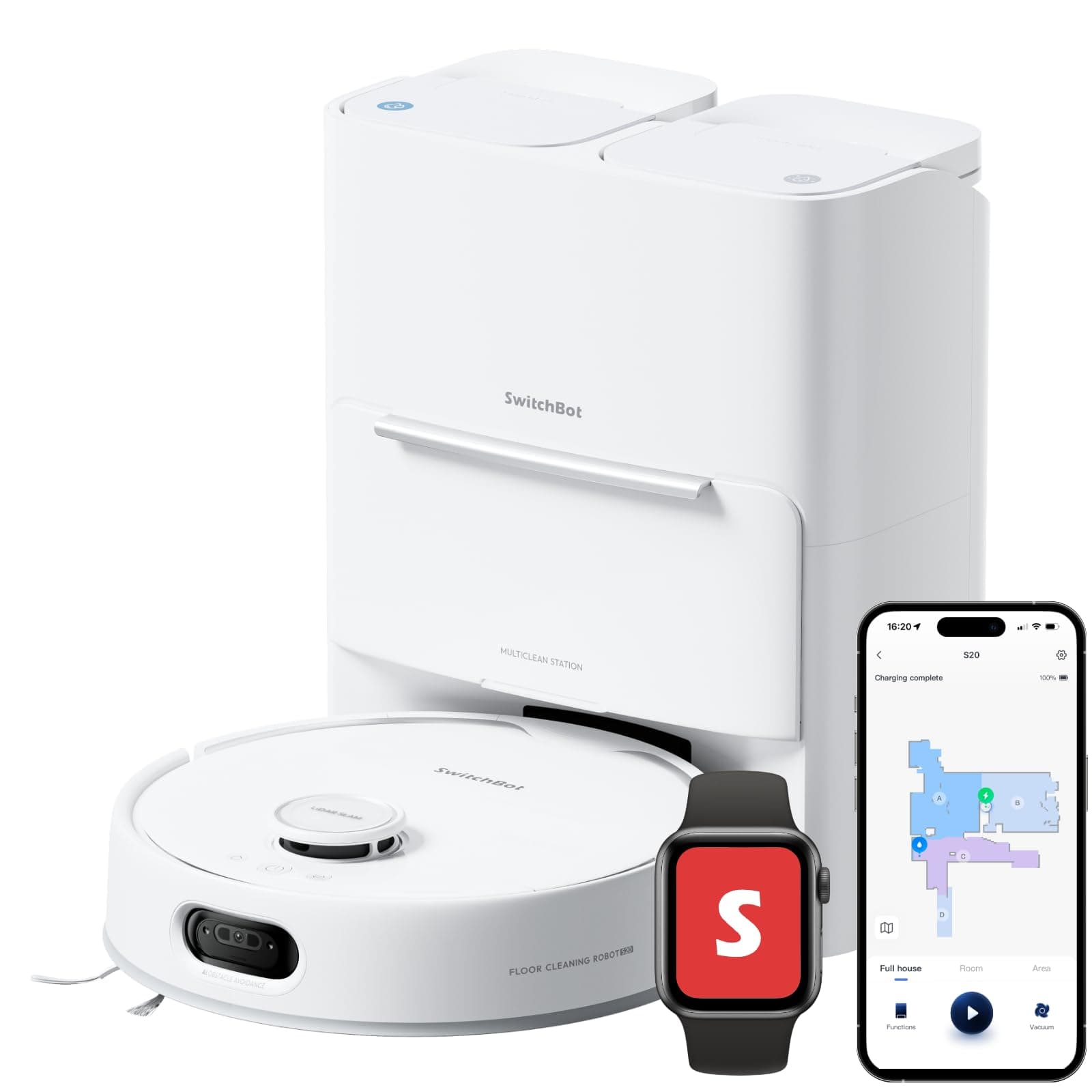 SwitchBot S20 Robot Vacuum and Mop with Matter, 10000Pa Suction, Roller Mop, AI Navigation, Auto Mop Wash & Dry, Self-Emptying, Works with AppleHome, Alexa, GoogleHome, for Pet Hair, Carpet, Floors on Amazon.ae - Price Tracker