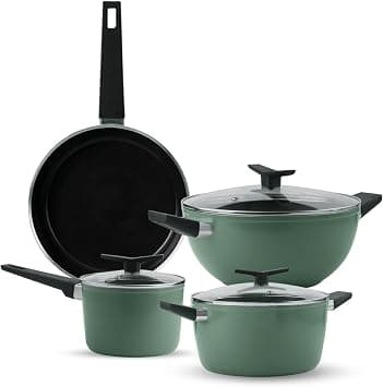 Tramontina Aura Cookware Set of 7-Kadhai 28 cm with Lid, Fry Pan 24 cm, Sauce Pan 16 cm, Casserole 24 cm|Ceramic Reinforced Cookware|Cold Forged Aluminium|Bakelite Handle|All Cooktop Compatible. على Amazon.ae - متتبع الأسعار