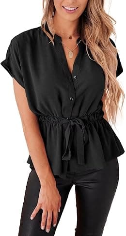 Womens Button Down Blouses Casual Peplum Summer Tops Dressy Chiffon Work Blouse - Best Deal Finder