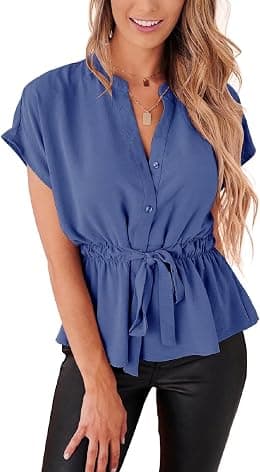 Womens Button Down Blouses Casual Peplum Summer Tops Dressy Chiffon Work Blouse - Best Deal Finder