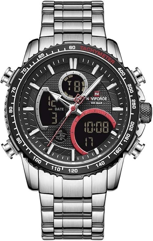 NAVIFORCE Luxury Stainless Steel Analog Digital Watch Waterproof Sports Quartz Multifunctional Wristwatch with Stopwatch Alarm LED Backlight on Amazon.ae - Price Tracker