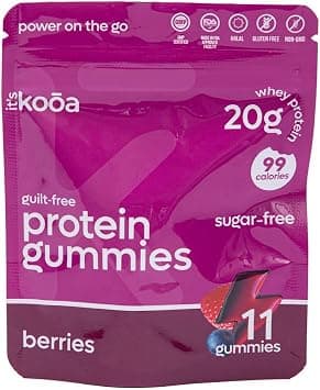 its kooa proteingummy, 20g whey protein gummies, sugar-free gummy (monk fruit), guilt-free candies, 11 protein gummies, berries flavor, 99 calories, other flavors: watermelon & peach mango on Amazon.ae - Price Tracker