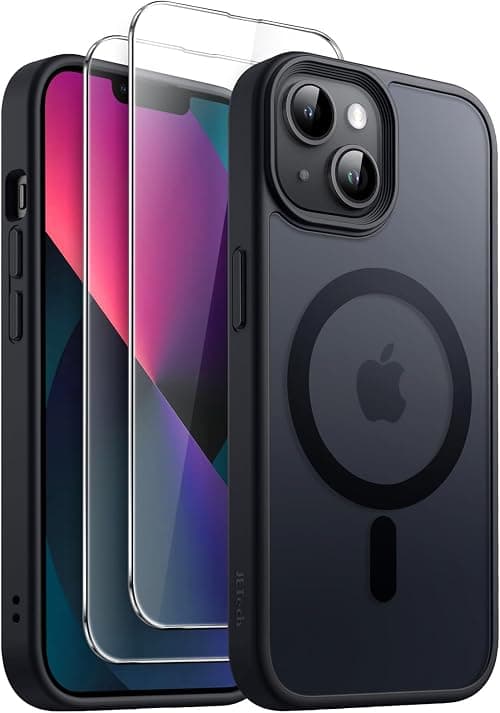 JETech 3 in 1 Magnetic Case for iPhone 13 6.1-Inch with 2-Pack Tempered Glass Screen Protector, Compatible with MagSafe, Translucent Matte Back Shockproof Phone Cover (Black) on Amazon - Best Deal Finder