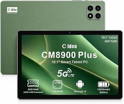 C idea 10.1" Tablet CM8900 Plus, 8GB RAM + 1TB Storage, Android 15, 5G LTE, 10000mAh Battery, Dual Camera, WiFi (Green) على Amazon.ae - متتبع الأسعار