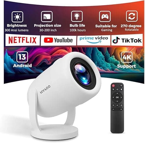Premium HY400 Smart Mini Projector, 300 ANSI Lumens, 4K Ultra HD 1280p, Android 13, 100K Hours Bulb life with 200" Giant Screen, Gaming & Home Cinema, Protable Tv Outdoor Movie Theater على Amazon.ae - متتبع الأسعار