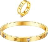 18K Gold Plated Friendship Love Bracelet with Ring Jewelry Set for Women Stainless Steel Cuff Oval Bangle Simple Hinged Cubic Zirconia Stones Bangle Cuff Best Gifts for Mother's Day Valentine's Day - Best Deal Finder