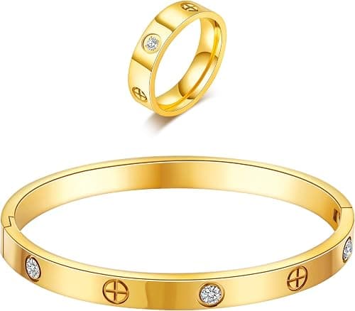 18K Gold Plated Friendship Love Bracelet with Ring Jewelry Set for Women Stainless Steel Cuff Oval Bangle Simple Hinged Cubic Zirconia Stones Bangle Cuff Best Gifts for Mother's Day Valentine's Day on Amazon - Best Deal Finder